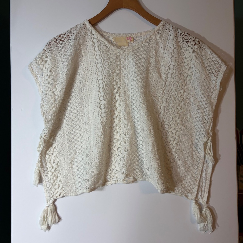 GB Girls Ivory Cotton Lace Poncho Top with Tassels Size 5 Boho Festival